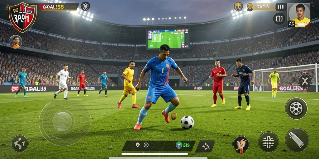 Screenshot dari gameplay GOAL55 yang menampilkan aksi mendebarkan di lapangan sepak bola.