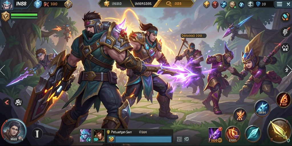 Tampilan seru gameplay IN88 dengan pertarungan hero yang epik.