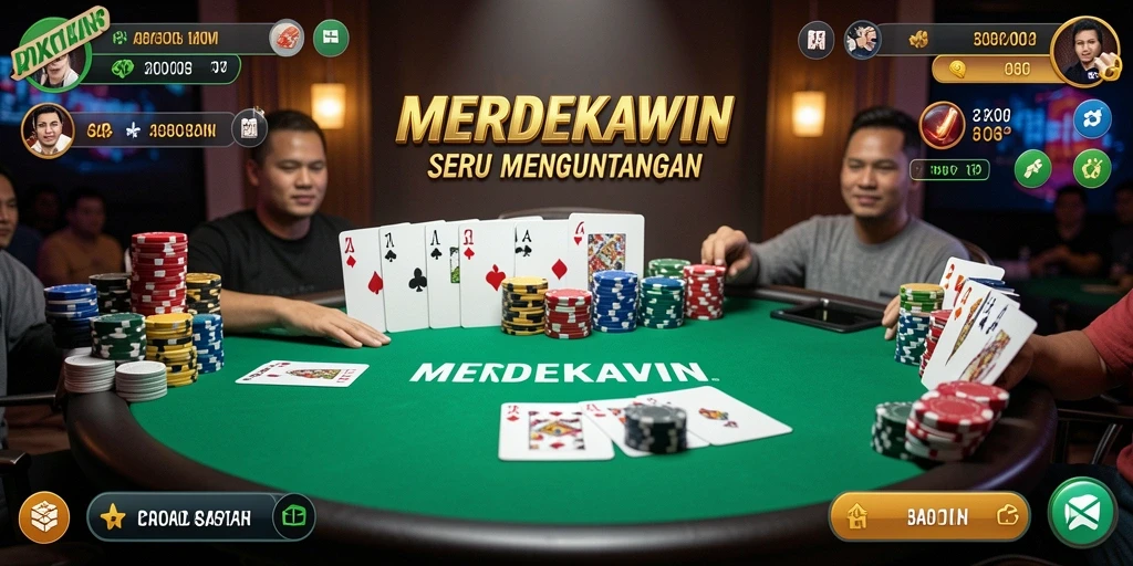 Tampilan utama gameplay poker MERDEKAWIN yang seru.